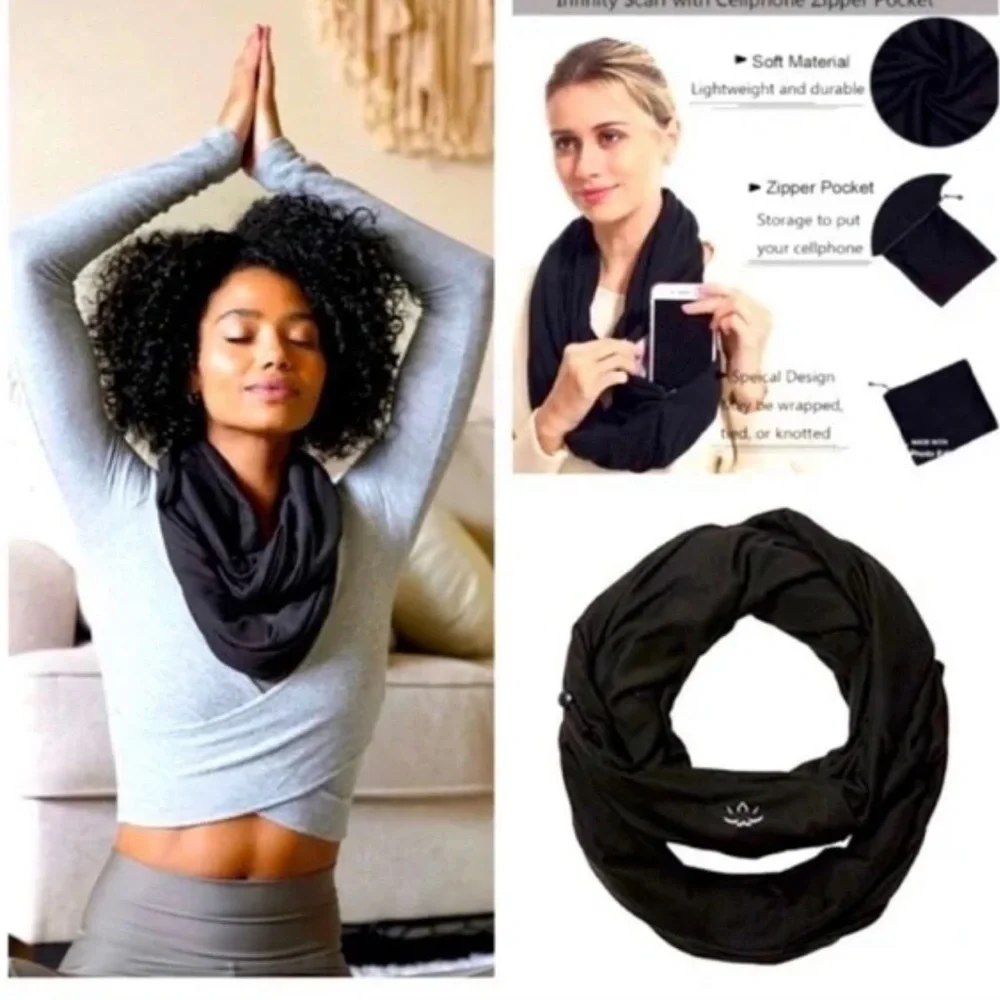 BEYOND YOGA Hidden Pocket Infinity Scarf Zipper Pocket Black Brown Soft